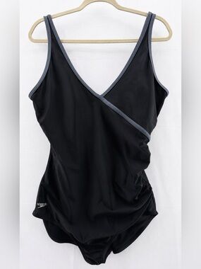 Speedo Black One-Piece Wrap-Front Swimsuit Size 16